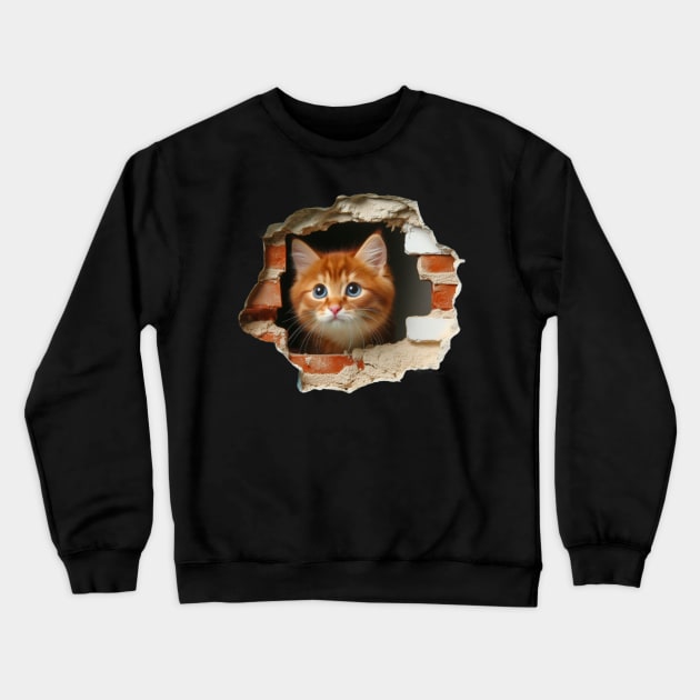 Sweet cat poking its head out from a wall opening Crewneck Sweatshirt by Divineshopy